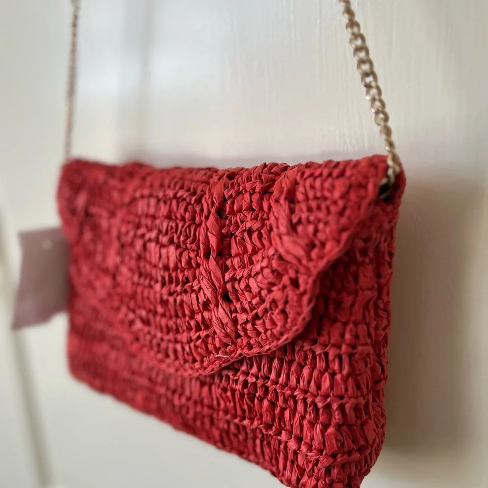 J. Crew Red Woven Scalloped Clutch with Chain - Picture 7 of 9